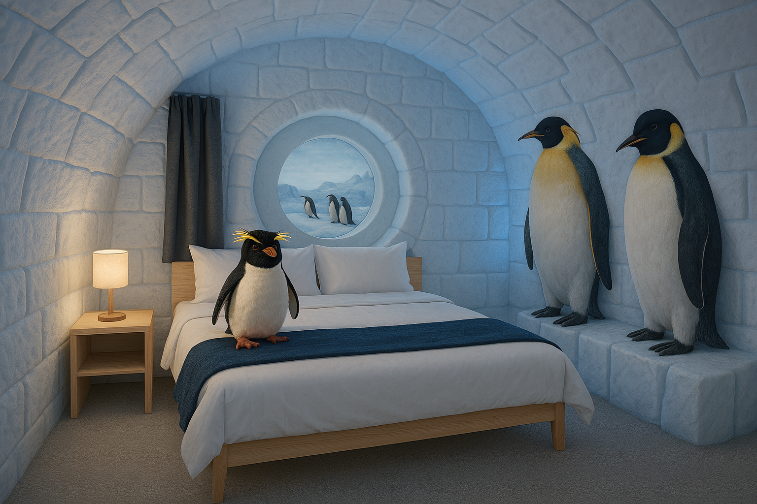 Un igloo douillet inspiré du gorfou sauteur, avec des touches de bleu polaire et de jaune vif. Murs texturés évoquant les roches antarctiques, mobilier fonctionnel aux formes arrondies, et une décoration ludique évoquant les colonies de manchots en bord de mer. Idéal pour les aventuriers à petit budget qui veulent plonger dans un univers givré.