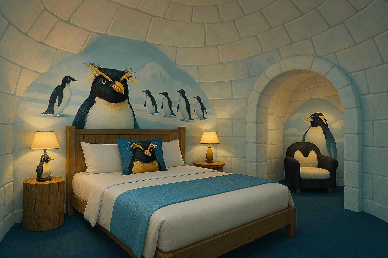 Luxe glacé pour cette suite impériale en forme d’igloo, inspirée du majestueux manchot empereur. Volume spacieux, textures veloutées comme la robe du manchot, et vues immersives simulées de l’océan antarctique. Intégration de technologies discrètes, jacuzzi intégré façon bassin polaire, et service personnalisé. L’excellence à la température idéale.